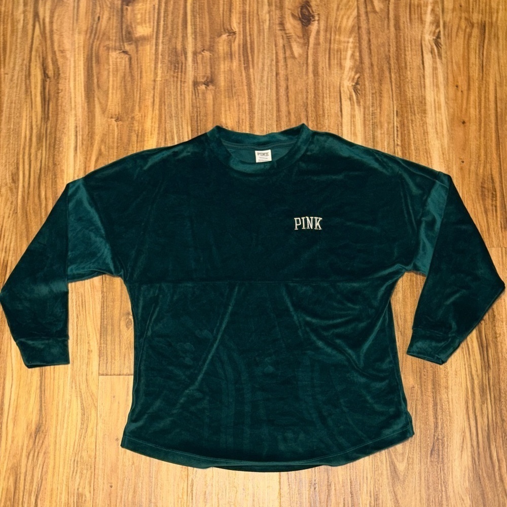 PINK Victoria's Secret women’s small sweatshirt varsity velour green embroider
